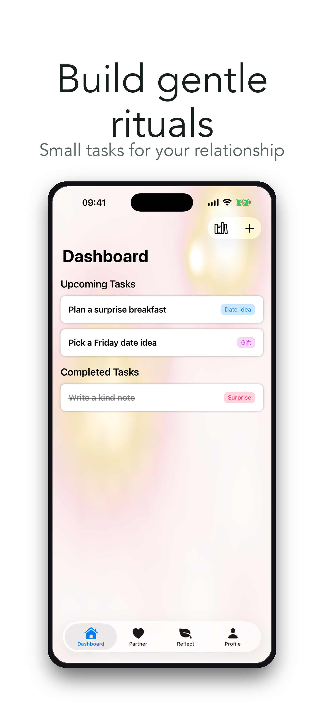 GentleUs dashboard showing upcoming relationship tasks