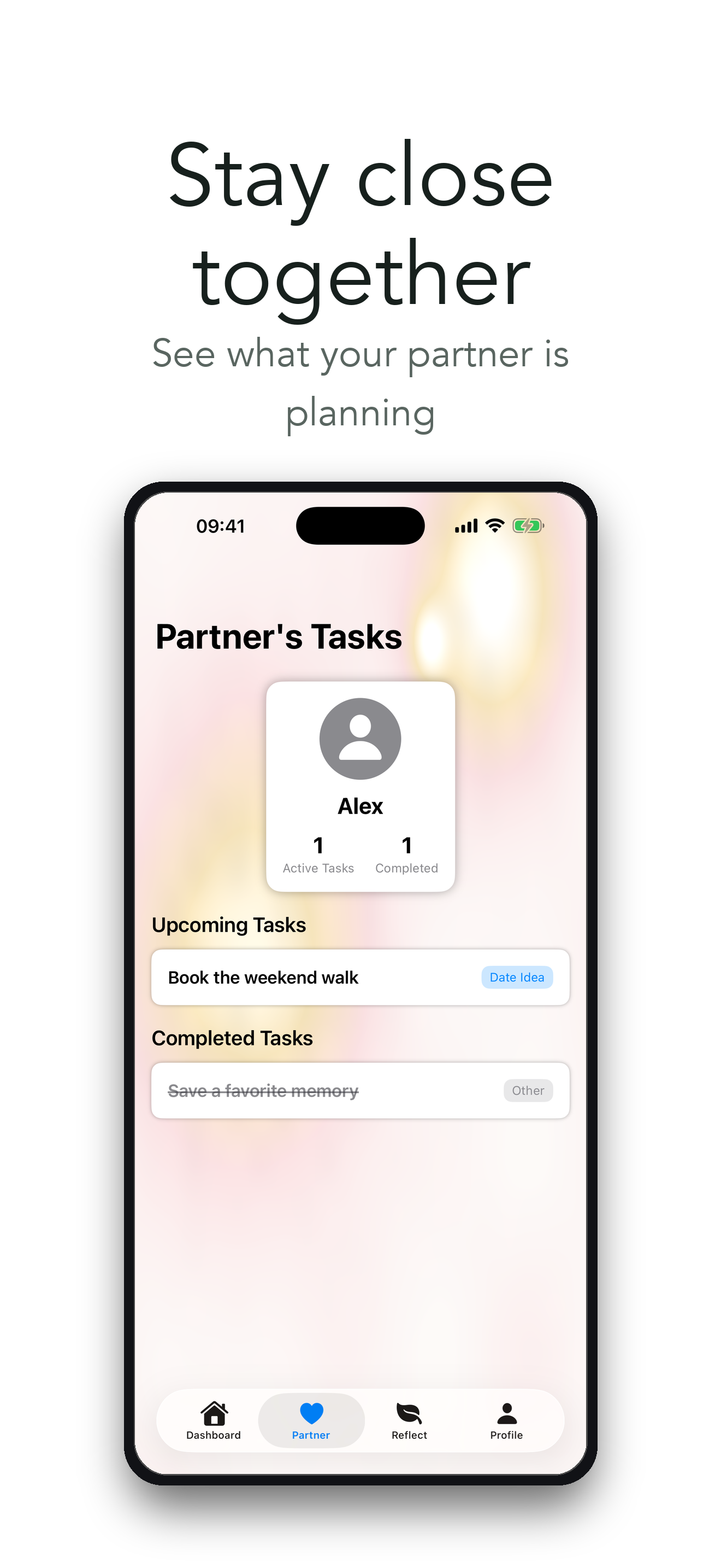 Partner screen showing connected partner information and tasks